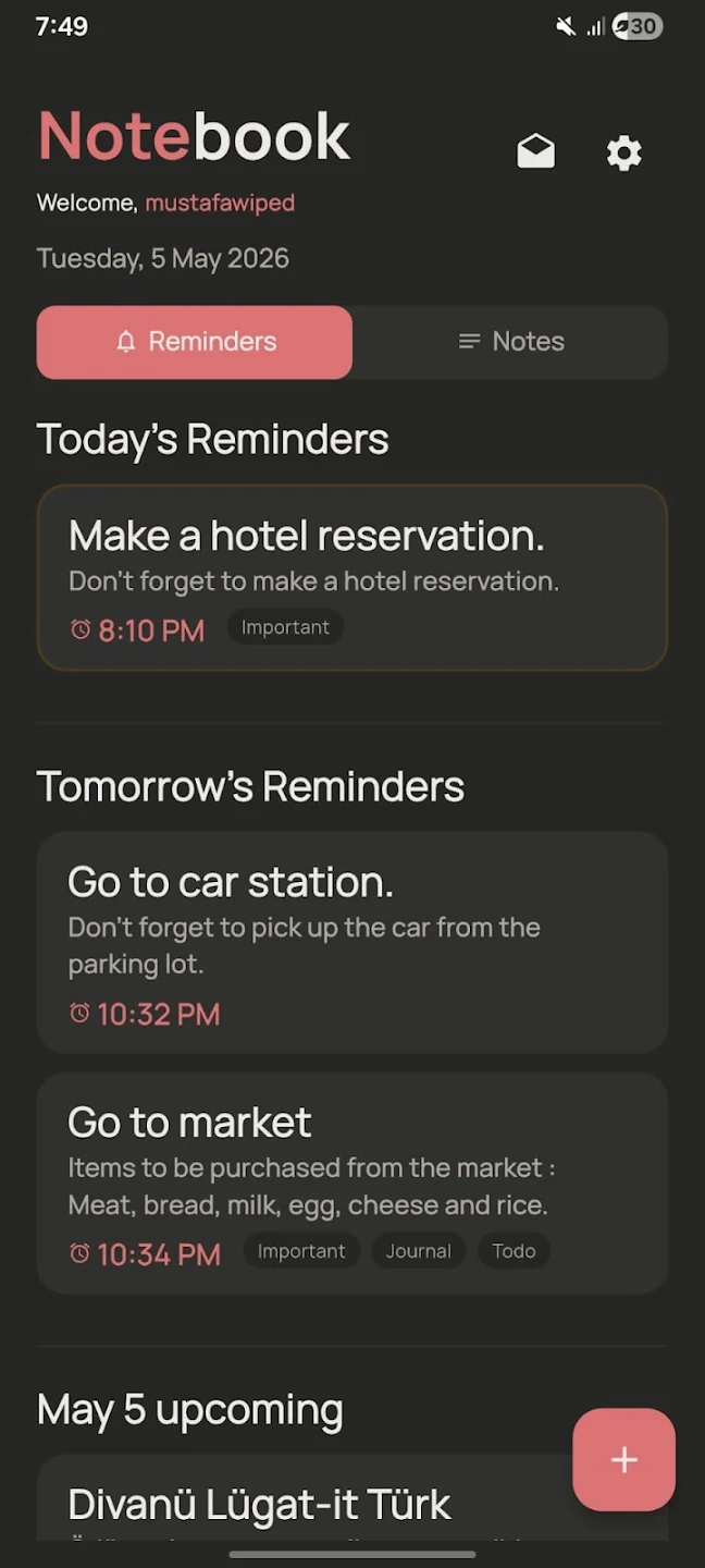 Reminder Notebook app preview